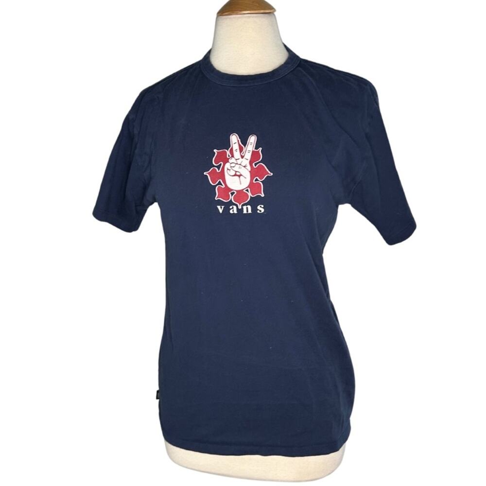 Vans Off The Wall Tee Classic Fit Navy Graphic T-Shirt Peace Sign Floral